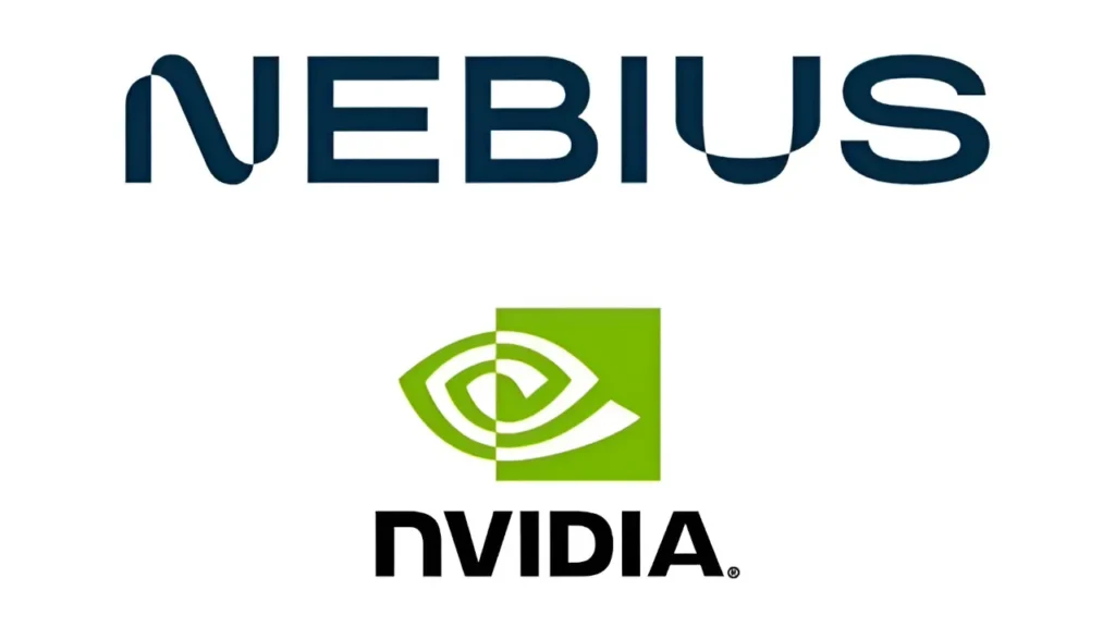 Ilustrasi logo Nvidia dan Nebius di atas latar belakang pusat data dan cip semikonduktor yang menyala, merepresentasikan investasi infrastruktur komputasi awan